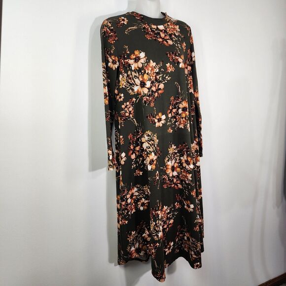 Reborn J Women Maxi Dress Size Small Green Floral Long Sleeve Stretch Shift Long - Picture 4 of 7